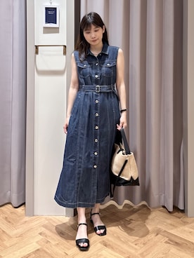 「grove（グローブ）の大人気！デニムフレアワンピース（ワンピース、ブルー系）」を使った、rifuさん（レディース・158cm）の夏コーディネート