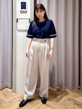 「grove（グローブ）の【シリーズ累計36万枚/名品ニット】やわらかドライタッチ 袖メッシュ編みニット（ニット/セーター、ブルー系）」を使った、rifuさん（レディース・158cm）の春コーディネート