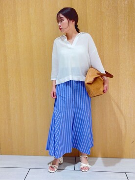 「UNTITLED（アンタイトル）の【七分袖/春夏素材】メッシュ衿付きニット（ニット/セーター、ホワイト系）」を使った、Sachinaさん（レディース・153cm）の夏コーディネート