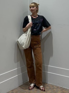 「mmts（マミタス）のBLACK CAT FACE  Tシャツ 旅行 レイヤード 洗濯可能 主役トップス ライブ（Tシャツ/カットソー、ブラック系）」を使った、マミタスさん（レディース・155cm）の夏コーディネート