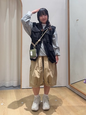 「CIAOPANIC TYPY（チャオパニックティピー）のオーバーサイズマルチボーダーロンTee（Tシャツ/カットソー、ホワイト系）」を使った、ゆめなさん（レディース・149cm）の秋コーディネート