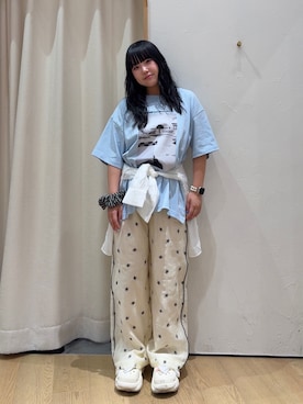「CIAOPANIC TYPY（チャオパニックティピー）のアソートフォトプリントオーバーTee（Tシャツ/カットソー、ブルー系）」を使った、ゆめなさん（レディース・149cm）の夏コーディネート