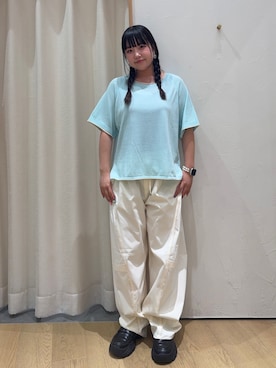「CIAOPANIC TYPY（チャオパニックティピー）の【接触冷感/二の腕カバーも叶う◎】配色ラグラン半袖ニットTee（ニット/セーター、ブルー系）」を使った、ゆめなさん（レディース・149cm）の夏コーディネート