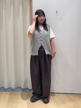 「CIAOPANIC TYPY（チャオパニックティピー）の【接触冷感/二の腕カバーも叶う◎】配色ラグラン半袖ニットTee（ニット/セーター、ホワイト系）」を使った、ゆめなさん（レディース・149cm）の秋コーディネート