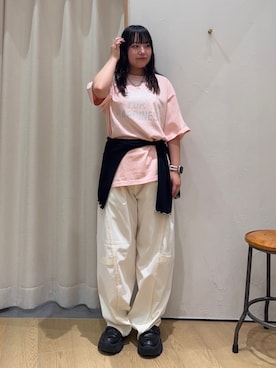 「CIAOPANIC TYPY（チャオパニックティピー）の【ユニセックス】アシッドウォッシュ加工スタッズロゴTEE（Tシャツ/カットソー、ピンク系）」を使った、ゆめなさん（レディース・149cm）の夏コーディネート