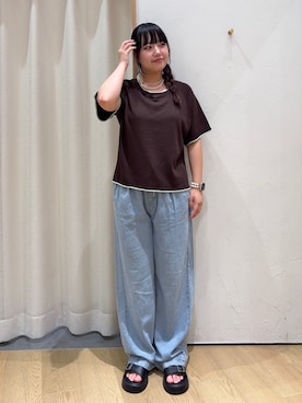 「CIAOPANIC TYPY（チャオパニックティピー）の【接触冷感/二の腕カバーも叶う◎】配色ラグラン半袖ニットTee（ニット/セーター、ブラウン系）」を使った、ゆめなさん（レディース・149cm）の夏コーディネート