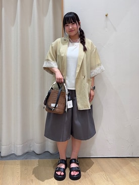 「CIAOPANIC TYPY（チャオパニックティピー）の【接触冷感/二の腕カバーも叶う◎】配色ラグラン半袖ニットTee（ニット/セーター、ホワイト系）」を使った、ゆめなさん（レディース・149cm）の夏コーディネート