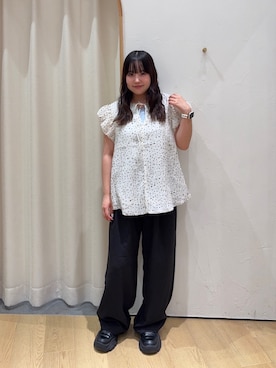 「CIAOPANIC TYPY（チャオパニックティピー）の【無地/ストライプ/ドット】裾袖バルーン楊柳ブラウス（シャツ/ブラウス、ホワイト系）」を使った、ゆめなさん（レディース・149cm）の夏コーディネート