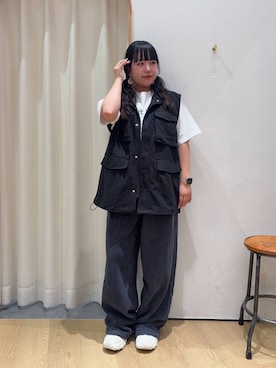 「CIAOPANIC TYPY（チャオパニックティピー）の【UNISEX】【シルエット調整可】ピグメント加工ワッフルイージーパンツ/WEB限定カラーあり（スウェットパンツ、ブラック系）」を使った、ゆめなさん（レディース・149cm）の夏コーディネート