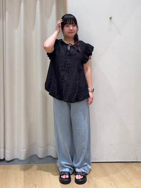 「CIAOPANIC TYPY（チャオパニックティピー）の【無地/ストライプ/ドット】裾袖バルーン楊柳ブラウス（シャツ/ブラウス、ブラック系）」を使った、ゆめなさん（レディース・149cm）の夏コーディネート