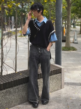 「CLEL（クレイル）の【CLEL】Vintage Design Pantalon Denim Pants/ヴィンテージデザイン パンタロンデニムパンツ（デニムパンツ、グレー系）」を使った、たーさん（メンズ・180cm）の春コーディネート