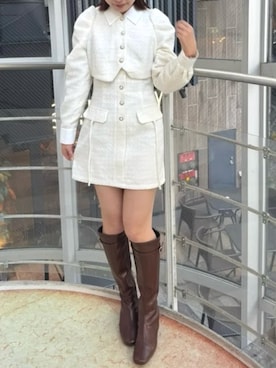 「dazzlin（ダズリン）のパフスリーブレイヤードミニワンピース（ワンピース、ホワイト系）」を使った、momokoさん（レディース・160cm）の冬コーディネート