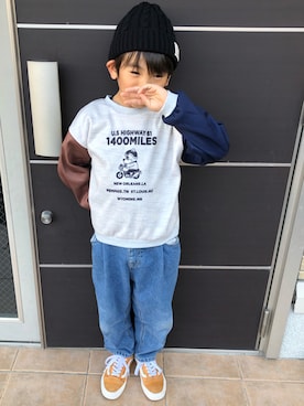 「アイテム（ニットキャップ/ビーニー、ブラック系）」を使った、yitさん（キッズ・127cm）の秋コーディネート