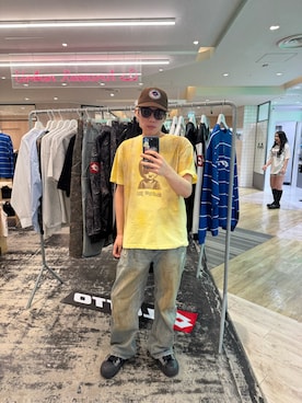 「URBAN RESEARCH（アーバンリサーチ）のThe DUFFER N NEPHEWS　DN CAT EMBROIDERY B.B CAP（キャップ、ブラウン系）」を使った、あらたさん（メンズ・170cm）の春コーディネート