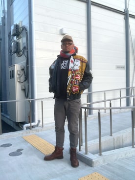 「アイテム（ライダースジャケット）」を使った、street666monk315さん（メンズ・183cm）の冬コーディネート