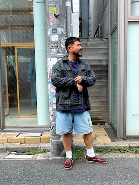 「アイテム（モカシン/デッキシューズ）」を使った、MITSUNORI MATSUMURAさん（メンズ・183cm）の夏コーディネート