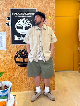 「Timberland（ティンバーランド）の3アイ(3eye) ラグ ハンドソーン ボート シューズ メンズ（モカシン/デッキシューズ、ベージュ系）」を使った、MITSUNORI MATSUMURAさん（メンズ・183cm）の夏コーディネート