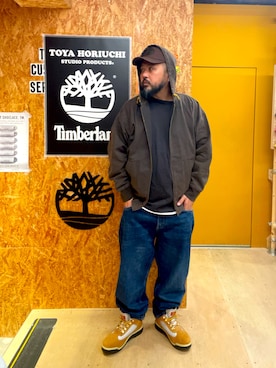 「Timberland（ティンバーランド）のウォータープルーフ フィールド ブーツ メンズ（防水）（ブーツ、ベージュ系）」を使った、MITSUNORI MATSUMURAさん（メンズ・183cm）の秋コーディネート