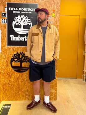 「Timberland（ティンバーランド）の【定番】スリーアイ(3eye) クラシックラグ メンズ（モカシン/デッキシューズ、レッド系）」を使った、MITSUNORI MATSUMURAさん（メンズ・183cm）の夏コーディネート
