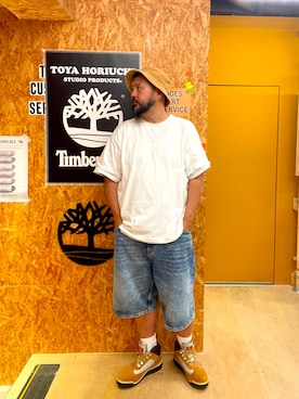 「Timberland（ティンバーランド）のウォータープルーフ フィールド ブーツ メンズ（防水）（ブーツ、ベージュ系）」を使った、MITSUNORI MATSUMURAさん（メンズ・183cm）の秋コーディネート