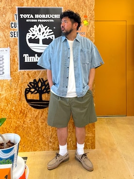 「Timberland（ティンバーランド）の3アイ(3eye) ラグ ハンドソーン ボート シューズ メンズ（モカシン/デッキシューズ、ベージュ系）」を使った、MITSUNORI MATSUMURAさん（メンズ・183cm）の夏コーディネート