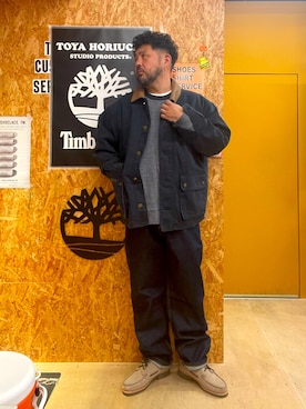 「Timberland（ティンバーランド）の【TOKYO DESIGN COLLECTIVE】ヘリンボーン クルー スウェットシャツ ユニセックス（スウェット、ブルー系）」を使った、MITSUNORI MATSUMURAさん（メンズ・183cm）の春コーディネート