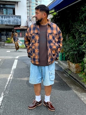 「アイテム（モカシン/デッキシューズ）」を使った、MITSUNORI MATSUMURAさん（メンズ・183cm・40代）の夏コーディネート