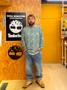 「Timberland（ティンバーランド）のウォータープルーフ フィールド ブーツ メンズ（防水）（ブーツ、ベージュ系）」を使った、MITSUNORI MATSUMURAさん（メンズ・183cm）の秋コーディネート