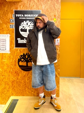 「Timberland（ティンバーランド）のウォータープルーフ フィールド ブーツ メンズ（防水）（ブーツ、ベージュ系）」を使った、MITSUNORI MATSUMURAさん（メンズ・183cm）の秋コーディネート