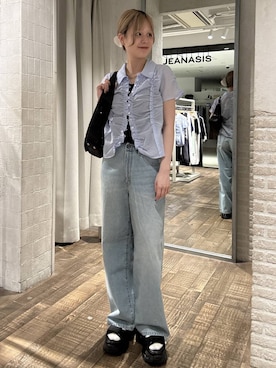 「JEANASIS（ジーナシス）のウェーブソールスニーカーサンダル/661914（サンダル、ブラック系）」を使った、おはさん（レディース）の夏コーディネート