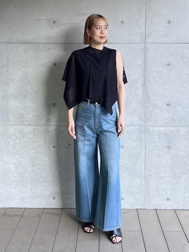 「ROPE'（ロペ）のイージーワイドデニムパンツ(岡山デニム)/セットアップ対応・イージーケア（デニムパンツ、ブルー系）」を使った、MIYUKIさん（レディース・164cm）の春コーディネート