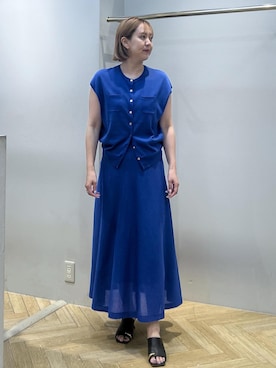「ROPE'（ロペ）のギマコットンフレンチスリーブニット/セットアップ対応・イージーケア（ニット/セーター、ブルー系）」を使った、MIYUKIさん（レディース・164cm）の夏コーディネート