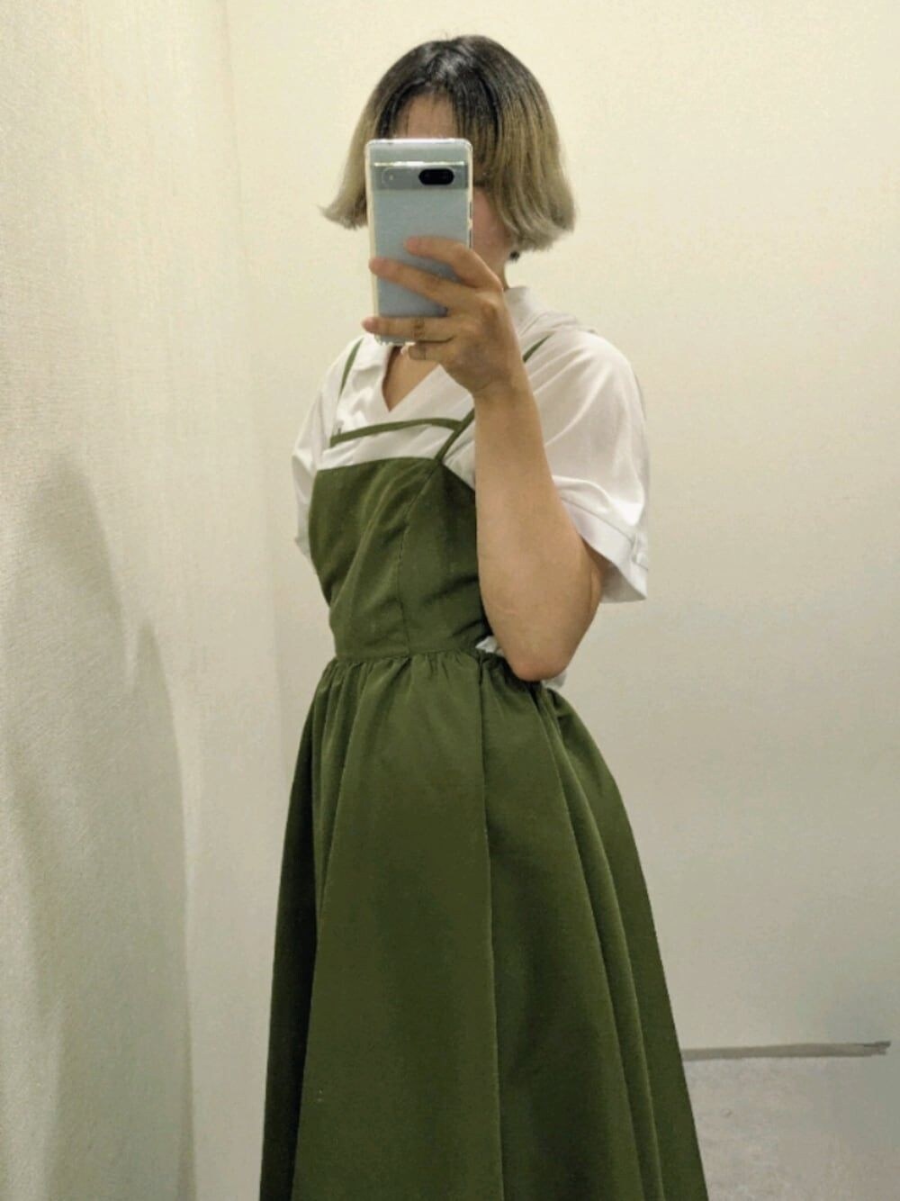 「レディースファッション、大きいサイズレディースファッション、レギュラー、スタッフ、ワンピース、ポロシャツ、夏服、スポーツミックス」｜「GEVS.の大きいサイズ バックオープンキャミソールワンピース GEVS.（ワンピース、グリーン系）」を使った、hiyoco21さん（レディース・155cm）の夏コーディネートの1枚目の写真