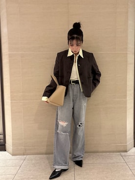 「アイテム（ノーカラージャケット）」を使った、Mila Owenさん（レディース・155cm）の秋コーディネート
