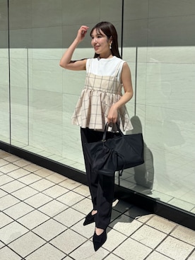 「Mila Owen（ミラオーウェン）のチェックペプラムキャミ×タンクＳＥＴ（キャミソール、ホワイト系）」を使った、Mila Owenさんの春コーディネート