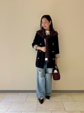 「アイテム（ストール/ショール）」を使った、Mila Owenさん（レディース・154cm）の秋コーディネート