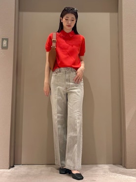 「Mila Owen（ミラオーウェン）の２ＷＡＹ衿取り外しポロニットプルオーバー（ニット/セーター、レッド系）」を使った、Mila Owenさんの春コーディネート