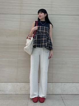 「Mila Owen（ミラオーウェン）のチェックペプラムキャミ×タンクＳＥＴ（キャミソール、ブルー系）」を使った、Mila Owenさんの春コーディネート