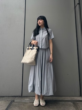 「Mila Owen（ミラオーウェン）のストライプセパレートバルーンシャツワンピース（ワンピース、ブルー系）」を使った、Mila Owenさんの春コーディネート