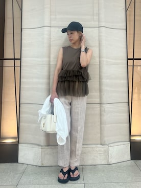 「Mila Owen（ミラオーウェン）の【USAGI ONLINE・ZOZO限定カラー】フレンチリネンオーバーサイズシャツ（シャツ/ブラウス）」を使った、Mila Owenさん（レディース・158cm）の夏コーディネート