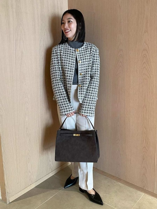 金釦パッチポケットコンパクトツィードジャケット（ノーカラー