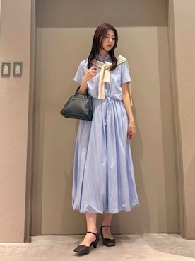 「Mila Owen（ミラオーウェン）のストライプセパレートバルーンシャツワンピース（ワンピース、ブルー系）」を使った、Mila Owenさんの春コーディネート