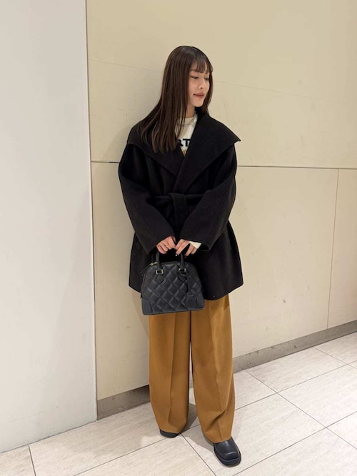 セール】共ベルト付きビックカラーミディ丈コート（ステンカラーコート