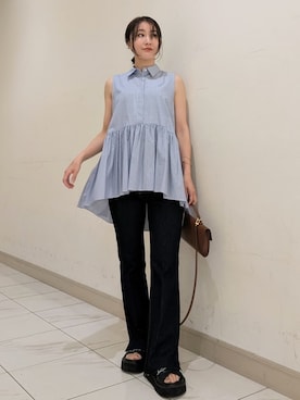 「シャツブラウス」｜Mila Owenさん（レディース・156cm）の夏コーディネート