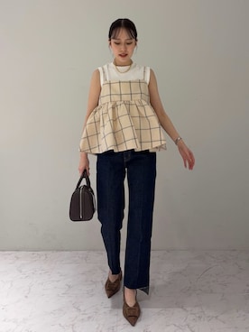 「Mila Owen（ミラオーウェン）のチェックペプラムキャミ×タンクＳＥＴ（キャミソール、ホワイト系）」を使った、Mila Owenさんの春コーディネート