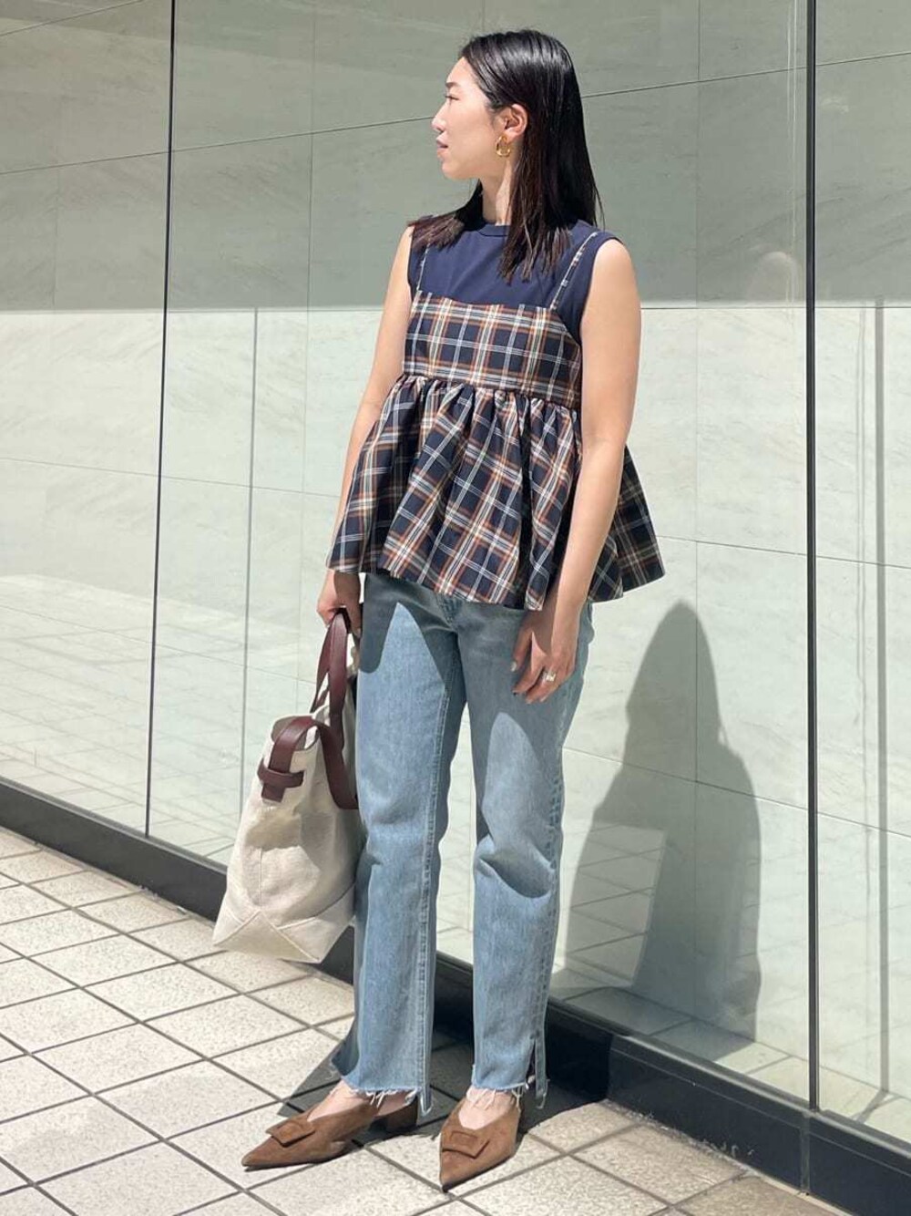 チェックペプラムキャミ×タンクSETを使った人気ファッション