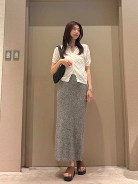 「Mila Owen（ミラオーウェン）のワッシャーハーフスリーブポロニット（ニット/セーター、ホワイト系）」を使った、Mila Owenさんの春コーディネート