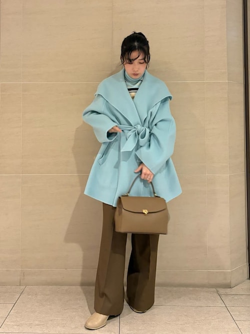 セール】共ベルト付きビックカラーミディ丈コート（ステンカラーコート