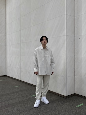 「A + TOKYO（エープラストウキョウ）のオーバーサイズキルトシャツブルゾン（シャツ/ブラウス、ホワイト系）」を使った、shotaさん（メンズ・175cm）の秋コーディネート