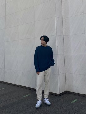 「A + TOKYO（エープラストウキョウ）のウォッシャブルドライツイルニット（ニット/セーター、ブルー系）」を使った、shotaさん（メンズ・175cm）の冬コーディネート